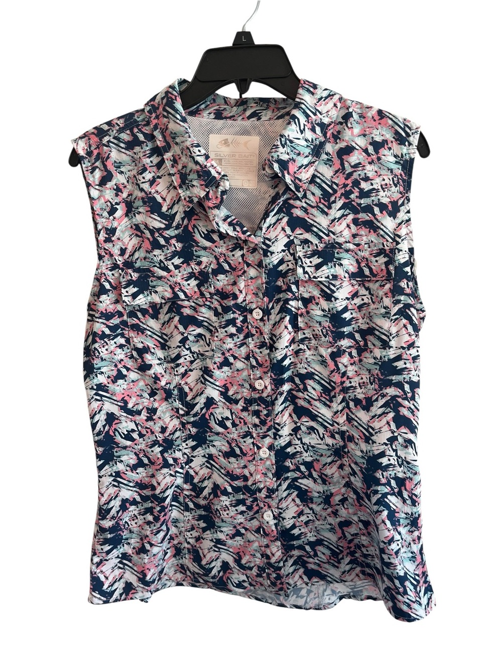 Silver Bait Women’s Medium Sleeveless Fishing Shirt Pink Blue Print